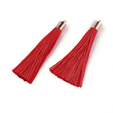 Honeyhandy Polyester Tassel Big Pendant Decorations, with Alloy Finding, Golden, Red, 58~65x7~25mm, Hole: 1.5mm