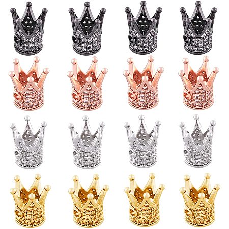 NBEADS 16 Pcs 10mm Crown Beads 4 Colors Brass Micro Pave Cubic Zirconia King Beads Crown Spacer Beads Bracelet Connector Charm Beads for DIY Jewelry Making