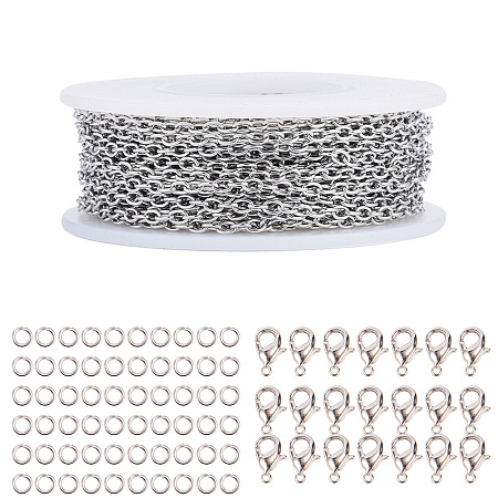 SUNNYCLUE DIY Jewelry Makings, with 304 Stainless Steel Cable Chains, Soldered, with Spool, Unwelded, Environmental Brass Lobster Claw Clasps and 304 Stainless Steel Jump Rings, Stainless Steel Color, 3x2x0.5mm; about 10m/roll, 1roll