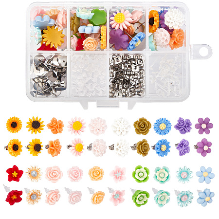 SUNNYCLUE DIY Stud Earring Making Kits, with Resin Flower Cabochons, Stud Earring Findings and Ear Nuts, Mixed Color