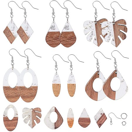 SUNNYCLUE DIY Dangle Earring Making Kits, include Transparent Resin & Walnut Wood Pendants, Brass Earring Hooks and Iron Jump Rings, Mixed Shapes, Silver, Pendants: 12pcs/box