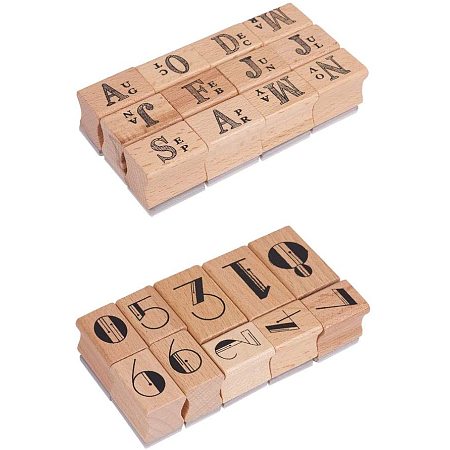 Wooden Stamp Sets, Mixed Pattern, 2.5x1.7x2.4cm, 12pcs/box; 22~34x17~22.5x24.5~25mm, 10pcs/box; 2box/set