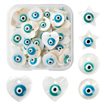 Arricraft 60Pcs 6 Style Natural Freshwater Shell Charms, with Enamel, Star & Heart & Flat Round with Evil Eye, Mixed Color, 10~12x10~13x3mm, Hole: 1~1.4mm, 10pcs/style