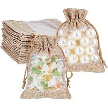 BENECREAT 30Pcs Burlap Drawstring Bags, 5.5x3.9inch Rectangle Linen Drawstring Pouches with Organza Windows for Party Favors, DIY Craft, Birthday and Wedding