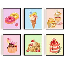 SUPERDANT Wall Art Set of 6 Unframed Canvas Prints, Dessert Poster, Ice Cream, Cake, Pink Modern Art, Girls Bedroom Decor, 20x25cm