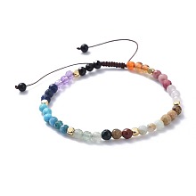 Honeyhandy Adjustable Nylon Thread Braided Beads Bracelets, with Faceted Natural & Synthetic Mixed Gemstone Round Beads and Brass Cube Beads, Faceted, 2 inch~3-1/8 inch(5.1~8.1cm)