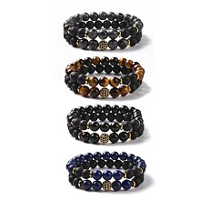 Honeyhandy 2Pcs Natural Mixed Stone and Brass Cubic Zirconia Beads Stretch Bracelets Set for Women Men, Inner Diameter: 2-1/8 inch(5.3cm)