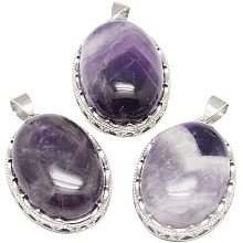 NBEADS Stone Pendants, 10 Pcs 21x30mm Oval Purple Natural Amethyst Pendant Charms with Brass Findings for Jewellery Necklace Bracelet Gift Making