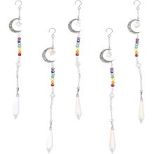 CHGCRAFT 5Pcs Alloy Moon Pendant Decorations with 7 Chakra AB Color Plated Glass Beaded Hanging Ornaments for Home Decoration, Antique Silver