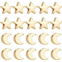 BENECREAT 20PCS 2 Styles of Real 18k Gold Plated Brass Beads, Gold Spacer Beads, Moon and Star Cushion Beads for DIY Jewelry Making Findings and Other Crafts, Hole: 1~1.4mm