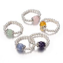 Honeyhandy Platinum Tone Iron Bead Natural Mixed Stone Stretch Finger Rings, with Tibetan Style Bead Caps, 16mm