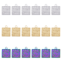 DICOSMETIC 18Pcs 3 Colors 201 Stainless Steel Pendants, Square, Mixed Color, 19x15x1.5mm, Hole: 2.5mm, 6pcs/color