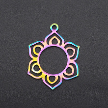 Honeyhandy Ion Plating(IP) 201 Stainless Steel Pendants, Svadhisthana, Laser Cut, Rainbow Color, 24x18.5x1mm, Hole: 1.6mm