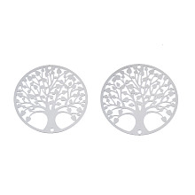 Honeyhandy 201 Stainless Steel Filigree Links, Etched Metal Embellishments, Flat Round with Tree of Life, Stainless Steel Color, 30x0.2mm, Hole: 1.2mm