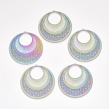 Honeyhandy Ion Plating(IP) 201 Stainless Steel Filigree Pendants, Etched Metal Embellishments, Flat Round, Rainbow Color, 49x47x0.2mm, Hole: 1.4mm