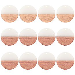 SUNNYCLUE Transparent Resin & Walnut Wood Pendants, Waxed, Flat Round, Gainsboro, 28.5x3.5~4mm, Hole: 1.5mm, 12pcs/box