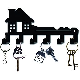 CREATCABIN Metal Key Holder Black Key Hooks Wall Mount Hanger Decor Iron Hanging Organizer Rock Decorative with 6 Hooks House Pattern for Front Door Entryway Cabinet Hat Towel 10.6 x 5 x 1.5 inches