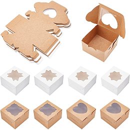 NBEADS 36 Pcs 4 Styles Square Kraft Paper Boxes with Window, Bakery Candy Boxes Gift Packaging Container with Square/Heart/Flower/Star Shape Window for Weddings Birthdays Jewelry Packing, 4x4x2.6