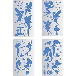 BENECREAT 4 Pack Metal Stencils Mermaid/Fairy Stainless Steel Stencil Templates(17.5x10cm) for Bullet Scrapbook Painting, Furniture, Embroidery, Murals and DIY Craft