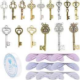 SUNNYCLUE 61Pcs Flying Key Charms Large Size Vintage Skeleton Keys Pendants Dragonfly Charm with 11 Yards Elastic Crystal String for DIY Jewellery Making Party Decor, Mixed Color