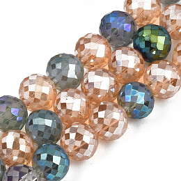 Honeyhandy Electroplate Transparent Glass Beads Strands, Luster Plated, Faceted, Round, Colorful, 8x7.5mm, Hole: 1.2mm, about 54pcs/strand, 16.14 inch(41cm)