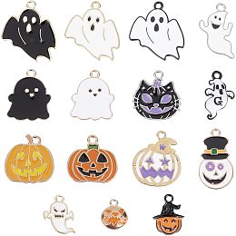 SUNNYCLUE 1 Box 30Pcs Halloween Charms Ghost Enamel Charm Jack-O-Lantern Charms Small Pumpkin Witch Hats Wizard Hat Charm Black Cat White Spooky Charms for Jewelry Making Charm DIY Craft Supplies