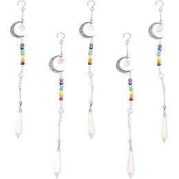 CHGCRAFT 5Pcs Alloy Moon Pendant Decorations with 7 Chakra AB Color Plated Glass Beaded Hanging Ornaments for Home Decoration, Antique Silver