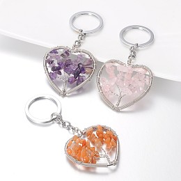 Honeyhandy Heart with Tree Brass Mixed Stone Keychain, with Platinum Tone Alloy Keychain Findings, 105mm