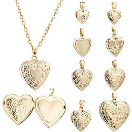 BENECREAT 8Pcs 8 Style Golden Photo Heart Frame Pendants 18K Gold Plated Locket Pendants for DIY Necklaces Jewelry Making