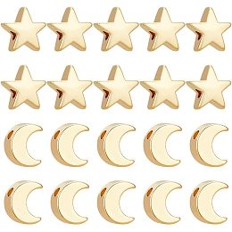 BENECREAT 20PCS 2 Styles of Real 18k Gold Plated Brass Beads, Gold Spacer Beads, Moon and Star Cushion Beads for DIY Jewelry Making Findings and Other Crafts, Hole: 1~1.4mm