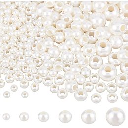 NBEADS 350pcs Plastic European Pearl Beads, 6 Sizes Creamy White Big Hole Imitation Pearl Round Faux Pearls Loose Rondelle Spacer European Beads for DIY Jewelry Making