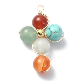 Honeyhandy Mixed Gemstone Round Copper Wire Wrapped Pendants, Cross Charms, with Golden Plated Brass Beads, 35x25x9.5mm, Hole: 2.5mm