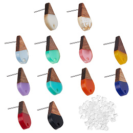 SUPERFINDINGS 12 Pairs 12 Colors Resin Wood Stud Earring Findings Teardrop Transparent Resin Wood Post Stud Two Tone Walnut Earring Posts with 50pcs Plastic Ear Nuts,Pin:0.7mm