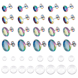 DICOSMETIC 32Pcs 4 Sizes Earring Cabochons Stainless Steel Round Earring Making Kits Rainbow Color Stud Earring Settings and 32Pcs Glass Cabochons for Earring Making