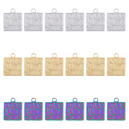 DICOSMETIC 18Pcs 3 Colors 201 Stainless Steel Pendants, Square, Mixed Color, 19x15x1.5mm, Hole: 2.5mm, 6pcs/color