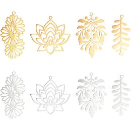 UNICRAFTALE 8pcs 4 Styles 2 Colors Hole 1.6mm 201 Stainless Steel Charms Metal Laser Cut Flat Hollow Lotus Leaf Flower Plant Pendants Drop Dangle Earrings Charms for DIY Necklace Jewelry Making