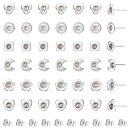 Unicraftale 84Pcs 6 Style 201 Stainless Steel Stud Earring Findings, Earring Settings, with 304 Stainless Steel Pins and 84Pcs 201 Stainless Steel Ear Nuts, Stainless Steel Color, 6~8x6~8mm, Pin: 11x0.7~0.8mm, Tray: 2.7~3.5mm, 14Pcs/style