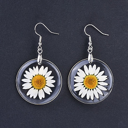 Honeyhandy Alloy Resin Dried Flower Dangle Earrings, with Platinum Plated Brass Earring Hooks, Clear, 57mm, Pin: 0.7mm