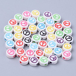 Honeyhandy Opaque White Acrylic Beads, Flat Round with Mixed Color Peace Sign, 6.5x3.5mm, Hole: 1.6mm