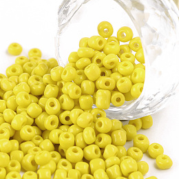 Honeyhandy Glass Seed Beads, Opaque Colours Seed, Round, Yellow, Size: about 4mm in diameter, hole:1.5mm, about 1000pcs/100g