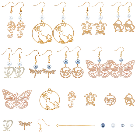 SUNNYCLUE DIY Animal Theme Earring Making Kits, include Glass Pearl Beads, Metal Pendants & Links, Brass Earring Hooks, Golden
