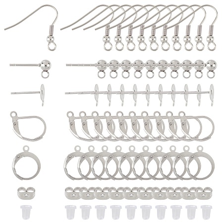 SUNNYCLUE Stainless Steel Stud Earring Findings, with Earring Hooks, Leverback Earrings Findings, Stainless Steel & Plastic Ear Nuts, Stainless Steel Color, 130pcs/box