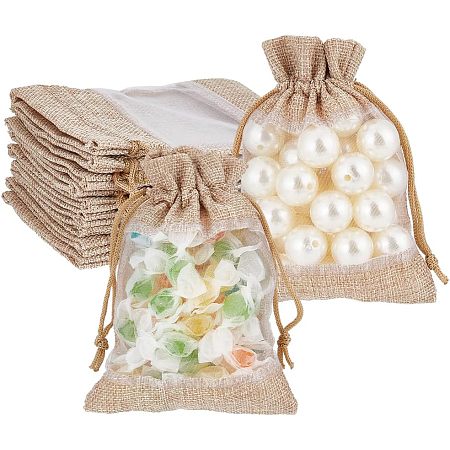 BENECREAT 30Pcs Burlap Drawstring Bags, 5.5x3.9inch Rectangle Linen Drawstring Pouches with Organza Windows for Party Favors, DIY Craft, Birthday and Wedding