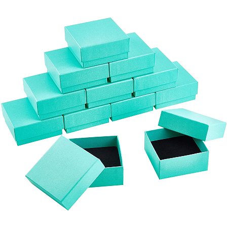 BENECREAT 12 Pack Cardboard Jewelry Box 3x3x1.4 Inch Square Necklace Ring Earring Gift Box with Sponge Insert for Valentine's Day, Anniversaries, Weddings, Birthdays, Light Green