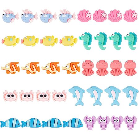 SUNNYCLUE 100Pcs 10 Styles Ocean Resin Animal Cabochons Shell Sea Horse Lobster Dolphin Cabochon Resin Flatback Beads Summer Hawaii Charms for Embellishments Flat Back Scrapbooking Deco Supply