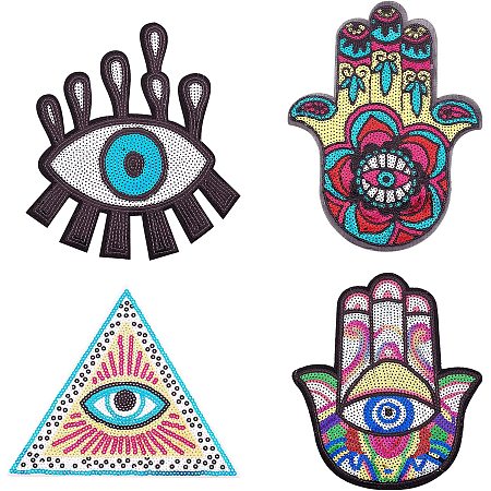 Arricraft 4 Pcs Evil Eye Large Sequin Patches, 4 Styles Self Adhesive Stick On Applique Embroidery Garment Costume Accessories for DIY Sewing Clothing Jeans Handbags Jacket Backpack Hat