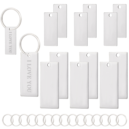 BENECREAT 24 Set Stainless Steel Stamping Blanks with Key Ring, 2 Sizes Blank Engraved Steel Pendants, Rectangular Stainless Steel Tags for Dog Keycahins, Tree Tags and Other DIY Crafts