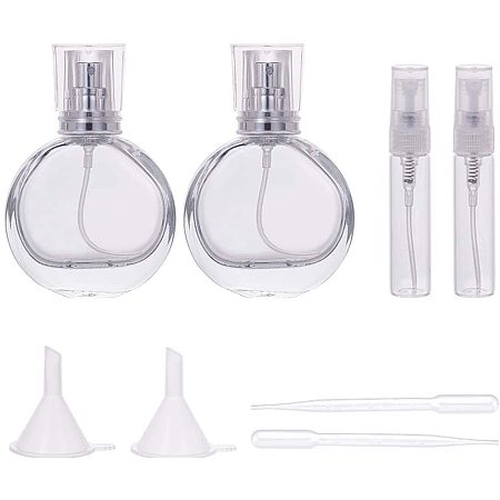 BENECREAT 2PCS 25ml Flat Round Glass Perfume Bottle and 2PCS 5ml Refillable Fine Mist Glass Spray Bottle with Pipettes, Funnels for Home Travel Use