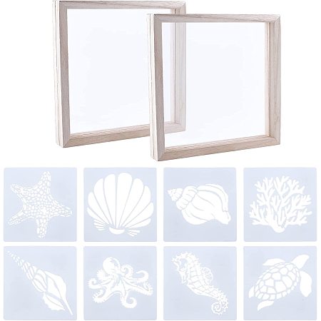SUPERFINDINGS Stained Glass Painting Window Art DIY Kit Including 8 Sheets 13x13cm Plastic Marine Organism Theme Drawing Painting Stencils Templates with 2pcs Wooden Transparent Picture Frame