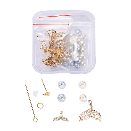 DIY Earring Making Sets, with Brass Cubic Zirconia Pendants, Brass Stud Earring Findings, 304 Stainless Steel Findings and Glass Pearl Beads, Mixed Color, 55x56x20mm